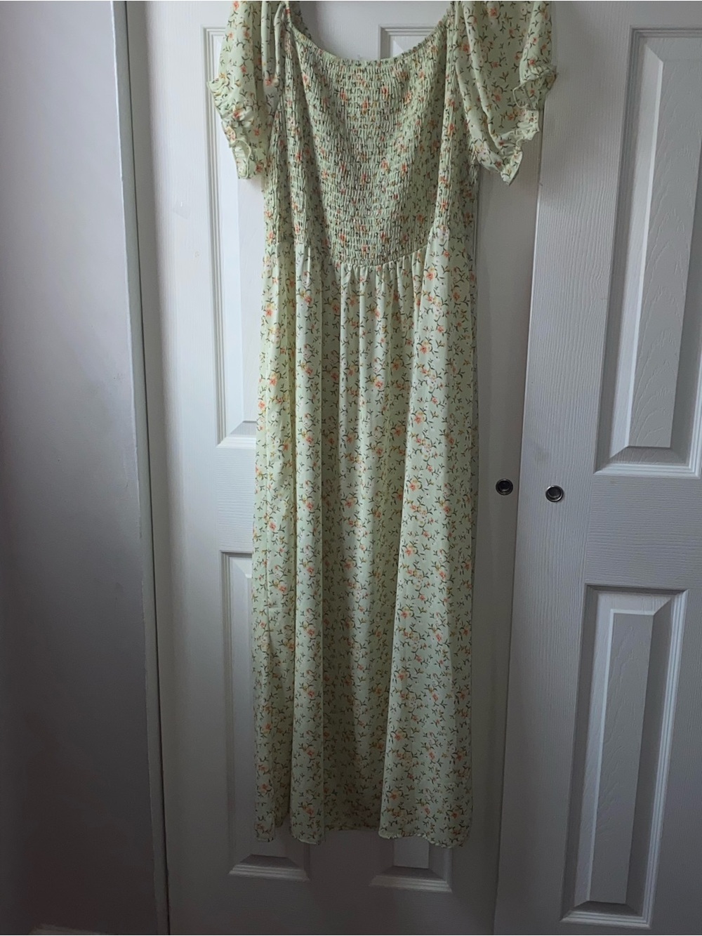 Smocked Floral Maxi Dress in Light Green
